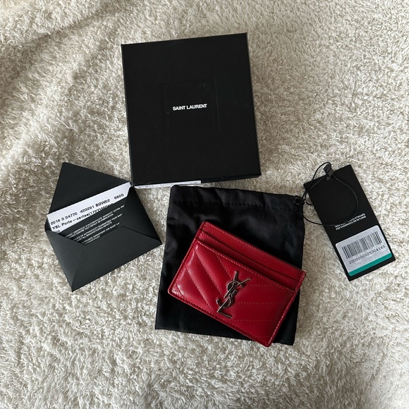 Saint Laurent Accessories - Saint Laurent YSL Grain de Poudre Leather Card Case, Silver Hardware